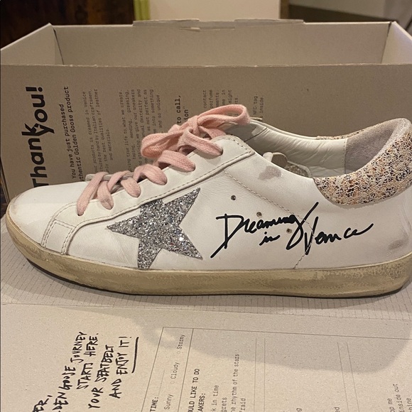 Authentic Goose White Sneakers with Pink Laces and Glitter Star - Picture 2 of 10